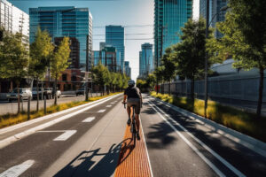 Ciclista pedala por ciclovia em metrópole com as ruas ao redor vazias.