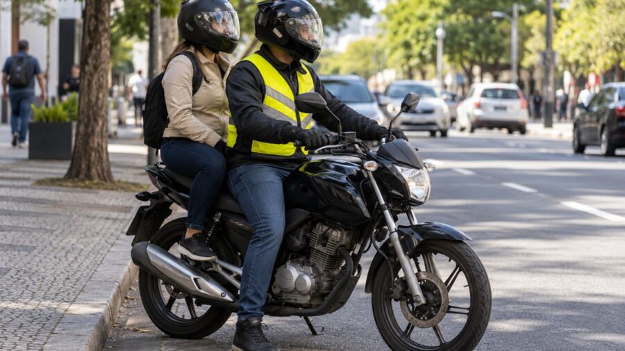 Mototáxi com passageira em motocicleta